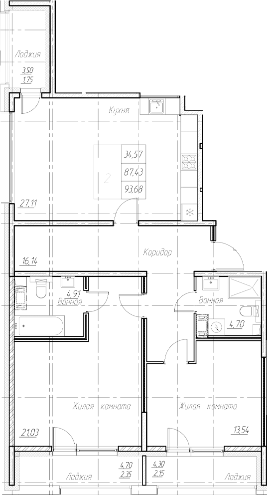 Планировка — Аквилон Ливз, 3-комн., 87 м²