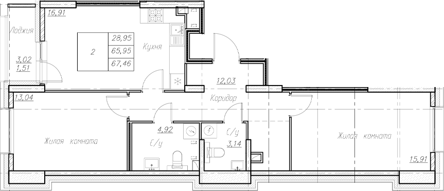 Планировка — Аквилон Ливз, 3-комн., 66 м²
