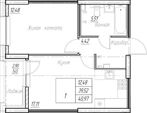 Планировка — Аквилон Ливз, 2-комн., 40 м²