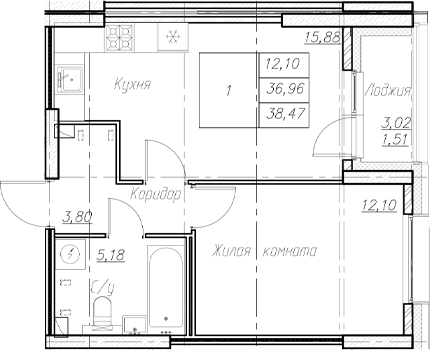 Планировка — Аквилон Ливз, 2-комн., 37 м²