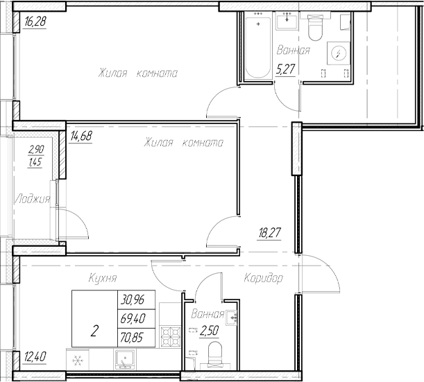 Планировка — Аквилон Ливз, 2-комн., 69 м²