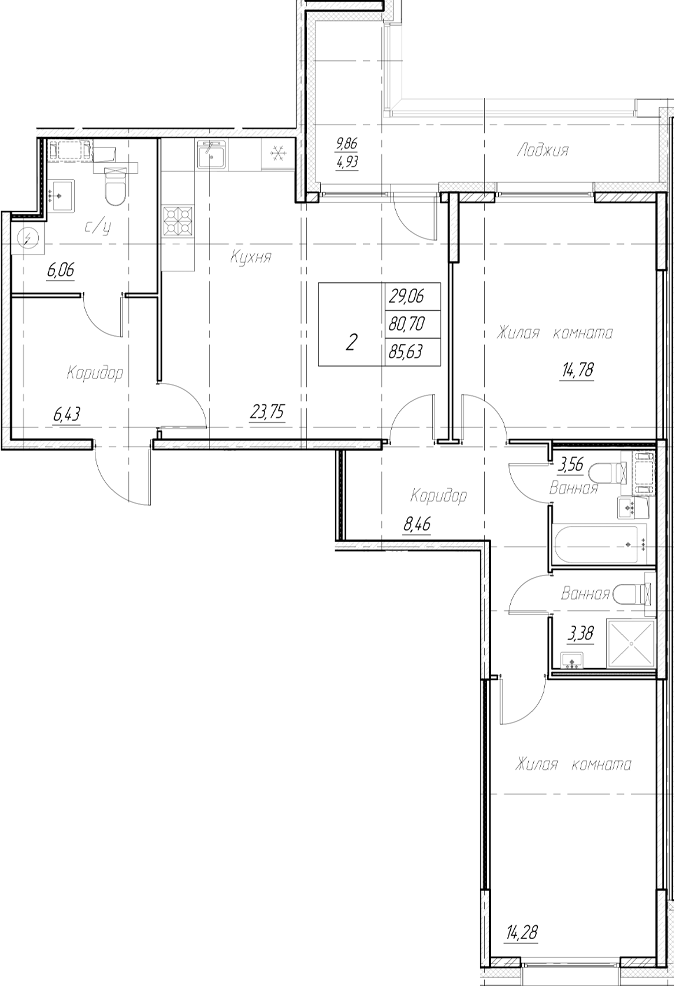 Планировка — Аквилон Ливз, 3-комн., 81 м²