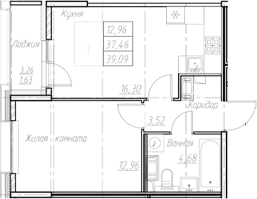 Планировка — Аквилон Ливз, 1-комн., 37 м²