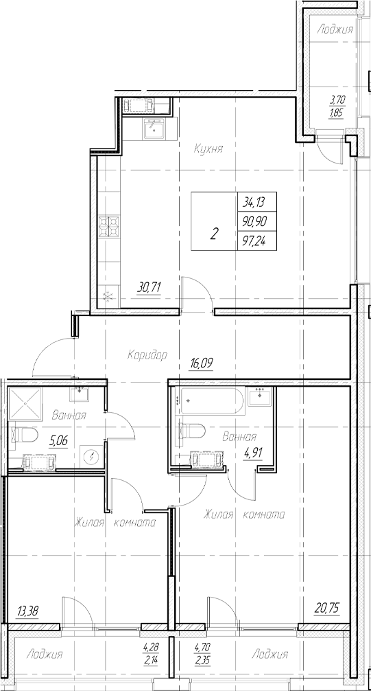 Планировка — Аквилон Ливз, 3-комн., 91 м²