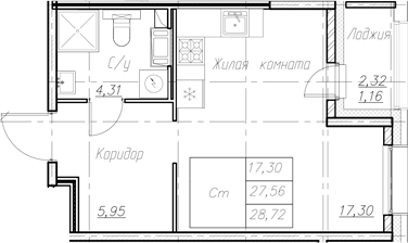 Планировка — Аквилон Ливз, Студия, 28 м²