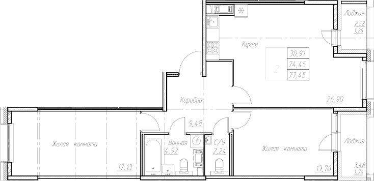 Планировка — Аквилон Ливз, 3-комн., 74 м²