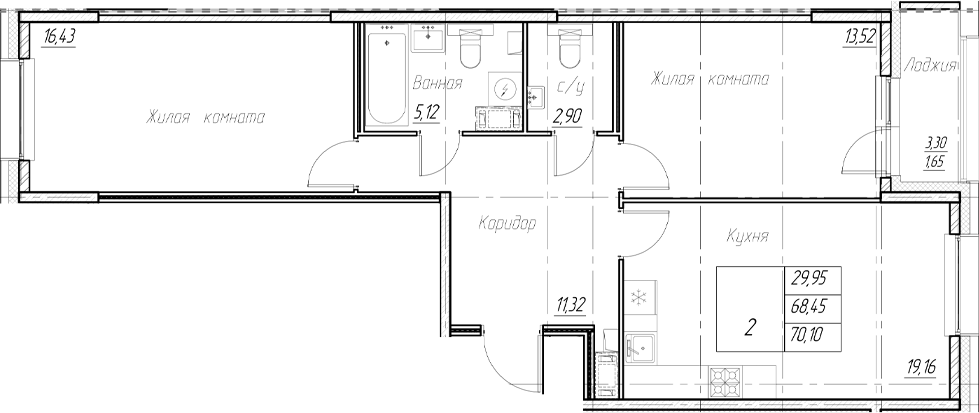 Планировка — Аквилон Ливз, 3-комн., 68 м²