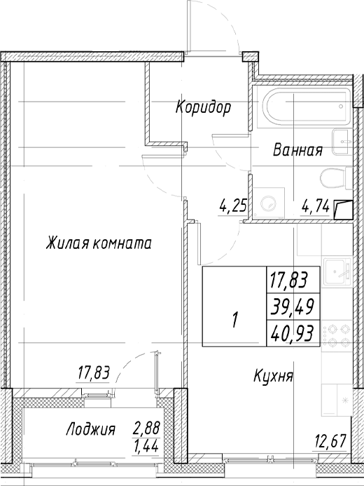 Планировка — Аквилон Ливз, 1-комн., 39 м²