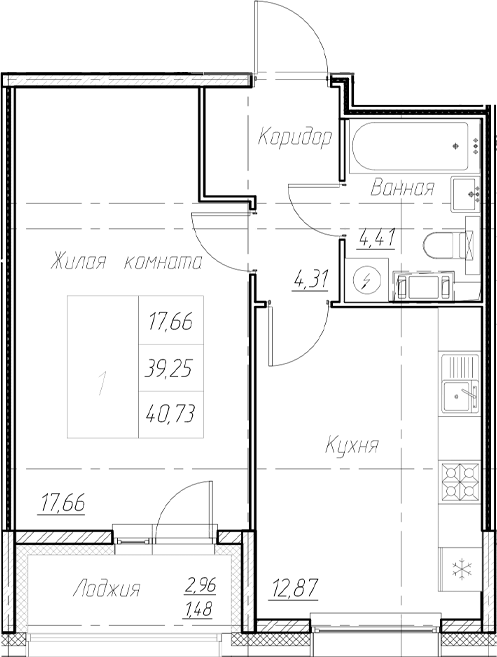 Планировка — Аквилон Ливз, 1-комн., 39 м²
