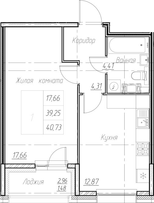 Планировка — Аквилон Ливз, 1-комн., 39 м²