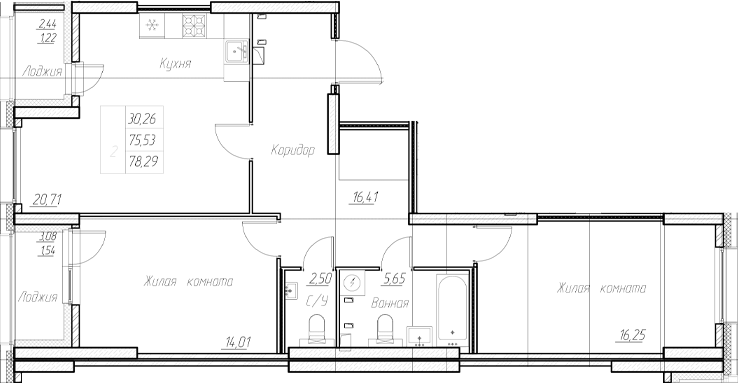 Планировка — Аквилон Ливз, 3-комн., 76 м²