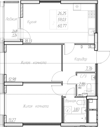 Планировка — Аквилон Ливз, 3-комн., 59 м²