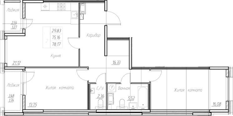 Планировка — Аквилон Ливз, 3-комн., 75 м²