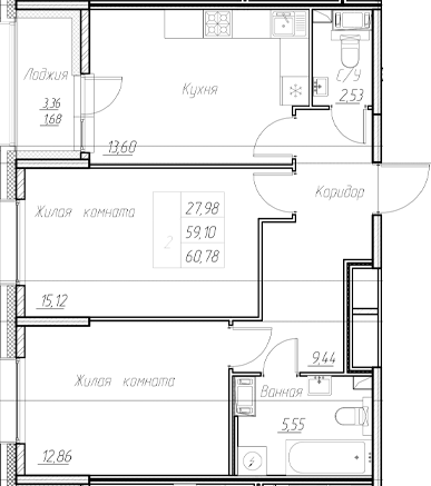 Планировка — Аквилон Ливз, 3-комн., 59 м²