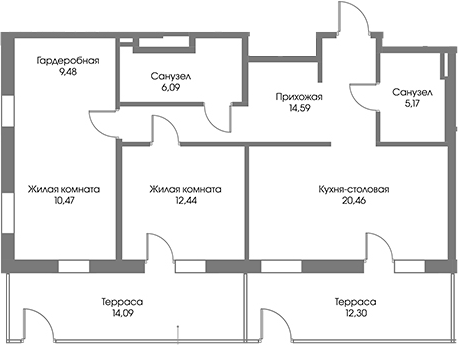 Планировка — Рощино Residence, 3-комн., 79 м²