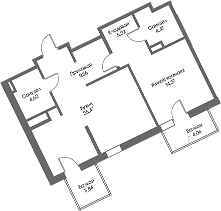 Планировка — Рощино Residence, 1-комн., 64 м²