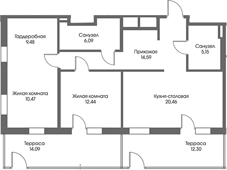 Планировка — Рощино Residence, 2-комн., 79 м²
