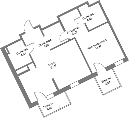 Планировка — Рощино Residence, 1-комн., 64 м²