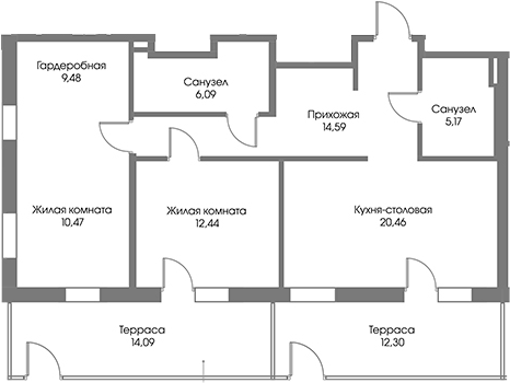 Планировка — Рощино Residence, 3-комн., 79 м²
