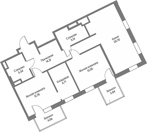 Планировка — Рощино Residence, 3-комн., 78 м²