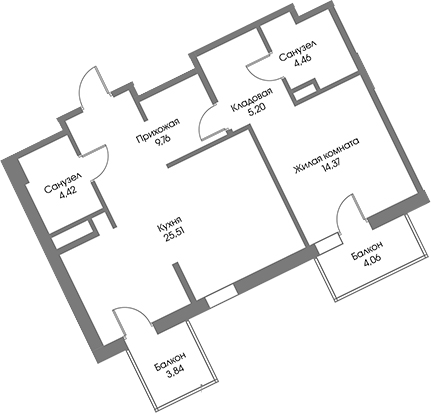 Планировка — Рощино Residence, 1-комн., 64 м²
