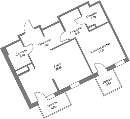 Планировка — Рощино Residence, 1-комн., 64 м²