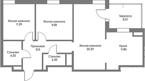 Планировка — Рощино Residence, 3-комн., 69 м²