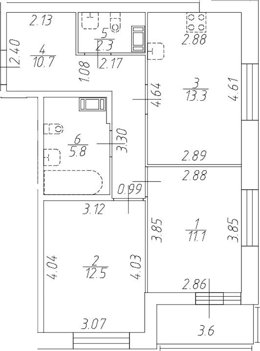 Планировка — Аквилон Ливз, 3-комн., 56 м²