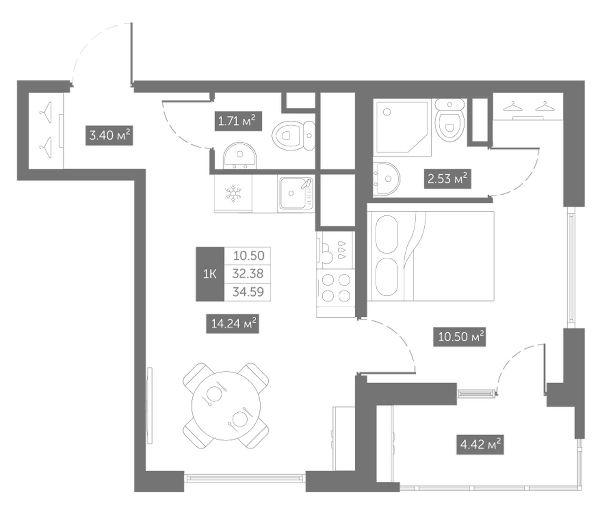 Планировка — Новый Московский, 1-комн., 32 м²