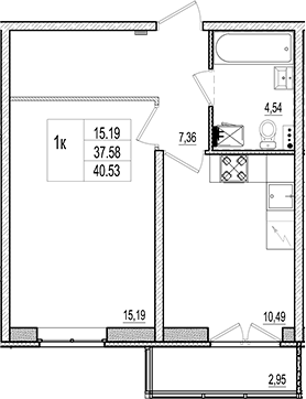 Планировка — Ново-Антропшино, 1-комн., 38 м²