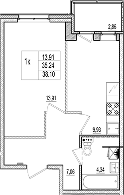 Планировка — Ново-Антропшино, 1-комн., 35 м²
