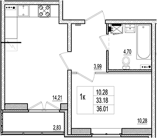 Планировка — Ново-Антропшино, 2-комн., 33 м²