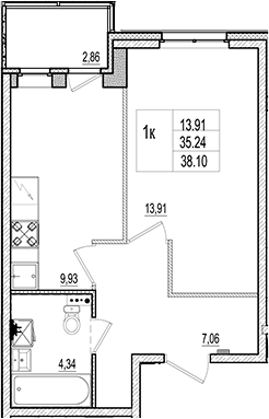 Планировка — Ново-Антропшино, 1-комн., 35 м²