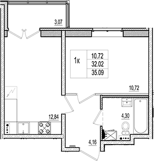 Планировка — Ново-Антропшино, 2-комн., 32 м²