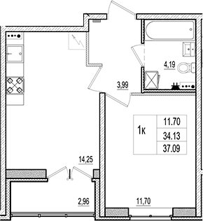 Планировка — Ново-Антропшино, 2-комн., 34 м²