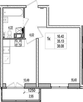 Планировка — Ново-Антропшино, 1-комн., 35 м²