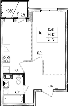 Планировка — Ново-Антропшино, 1-комн., 35 м²