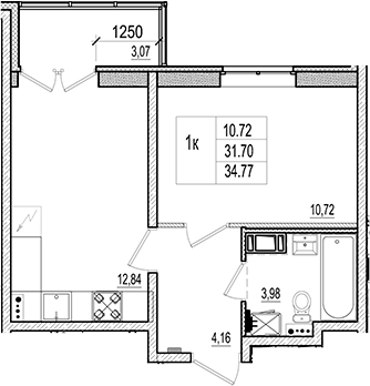 Планировка — Ново-Антропшино, 2-комн., 32 м²