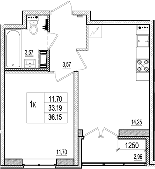 Планировка — Ново-Антропшино, 2-комн., 33 м²