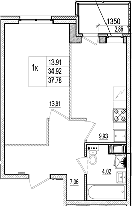Планировка — Ново-Антропшино, 1-комн., 35 м²