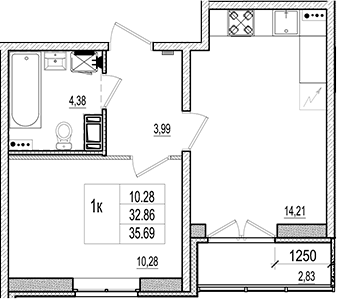 Планировка — Ново-Антропшино, 2-комн., 33 м²