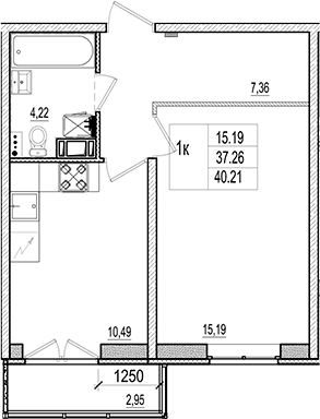 Планировка — Ново-Антропшино, 1-комн., 37 м²