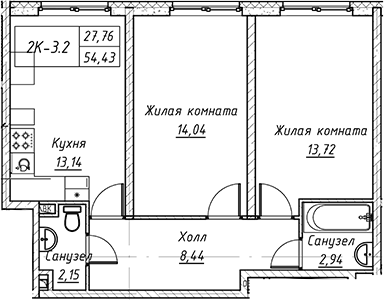 Планировка — Зум на Неве, 2-комн., 54 м²