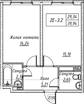 Планировка — Зум на Неве, 2-комн., 40 м²