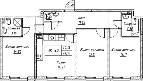 Планировка — Зум на Неве, 3-комн., 74 м²