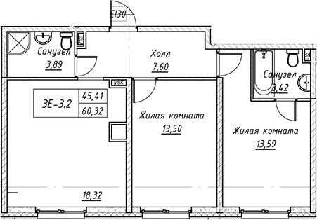 Планировка — Зум на Неве, 3-комн., 60 м²