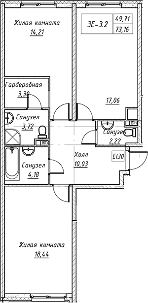 Планировка — Зум на Неве, 3-комн., 73 м²