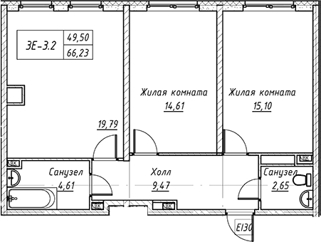 Планировка — Зум на Неве, 3-комн., 66 м²