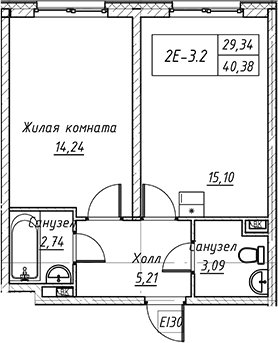 Планировка — Зум на Неве, 2-комн., 40 м²