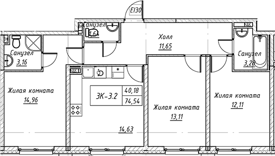 Планировка — Зум на Неве, 3-комн., 75 м²